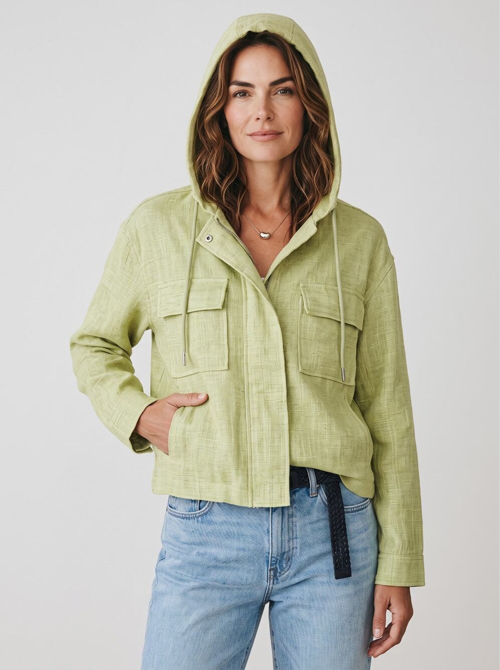 Avec Les Filles Cropped Utility Jacket Sage Green Hooded Boxy Shacket Size Small